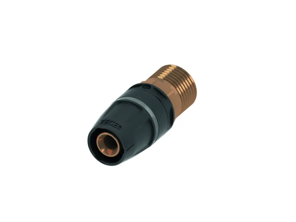 TECE Übergangsnippel mit einem Gewinde und einem Anschluss für Rohrleitungen. Die Verbindung ist aus einem Materialmix von Rotguss und Si-Bronze gefertigt.